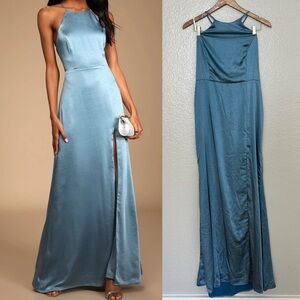 Make it Elegant Slate Blue Satin Strappy Maxi Dress